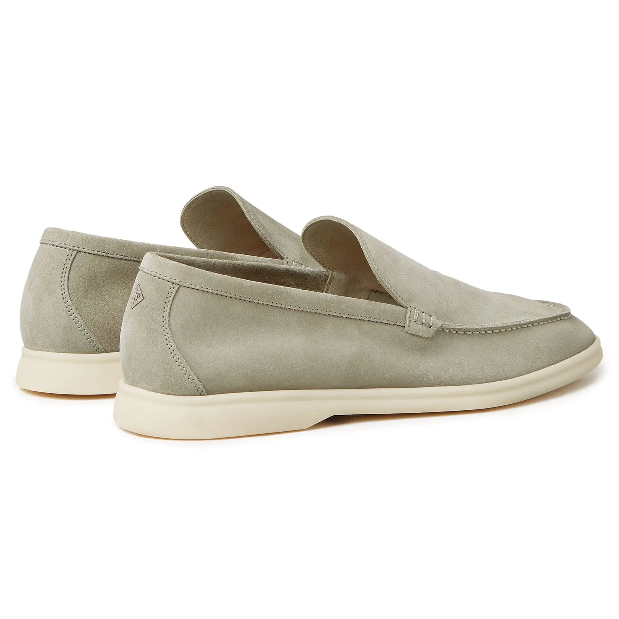 Back Side View of Loro Piana Summer Walk Suede Wild Desert Sage Loafers FAE8124_5O8I